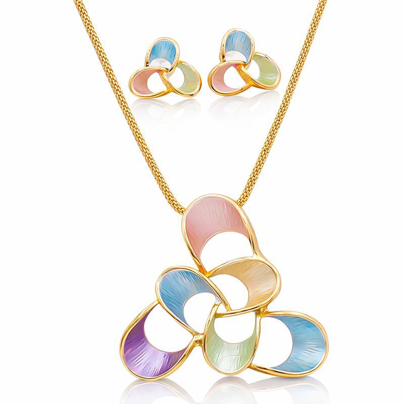 Multicolor enamel flower necklace and stud earrings set in KC gold plated alloy