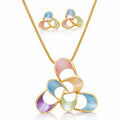 Multicolor enamel flower necklace and stud earrings set in KC gold plated alloy