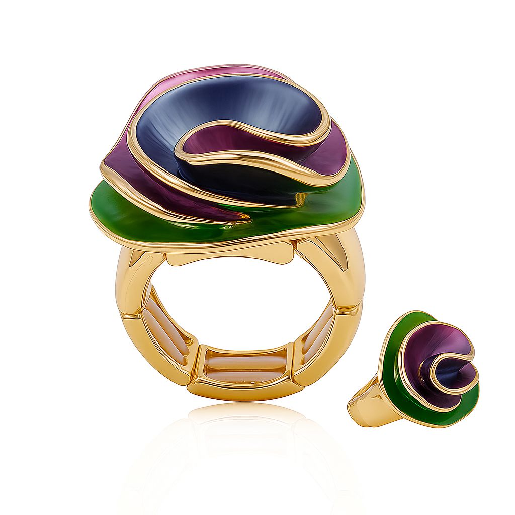 Hand painted multicolor enamel statement ring in KC gold plated alloy