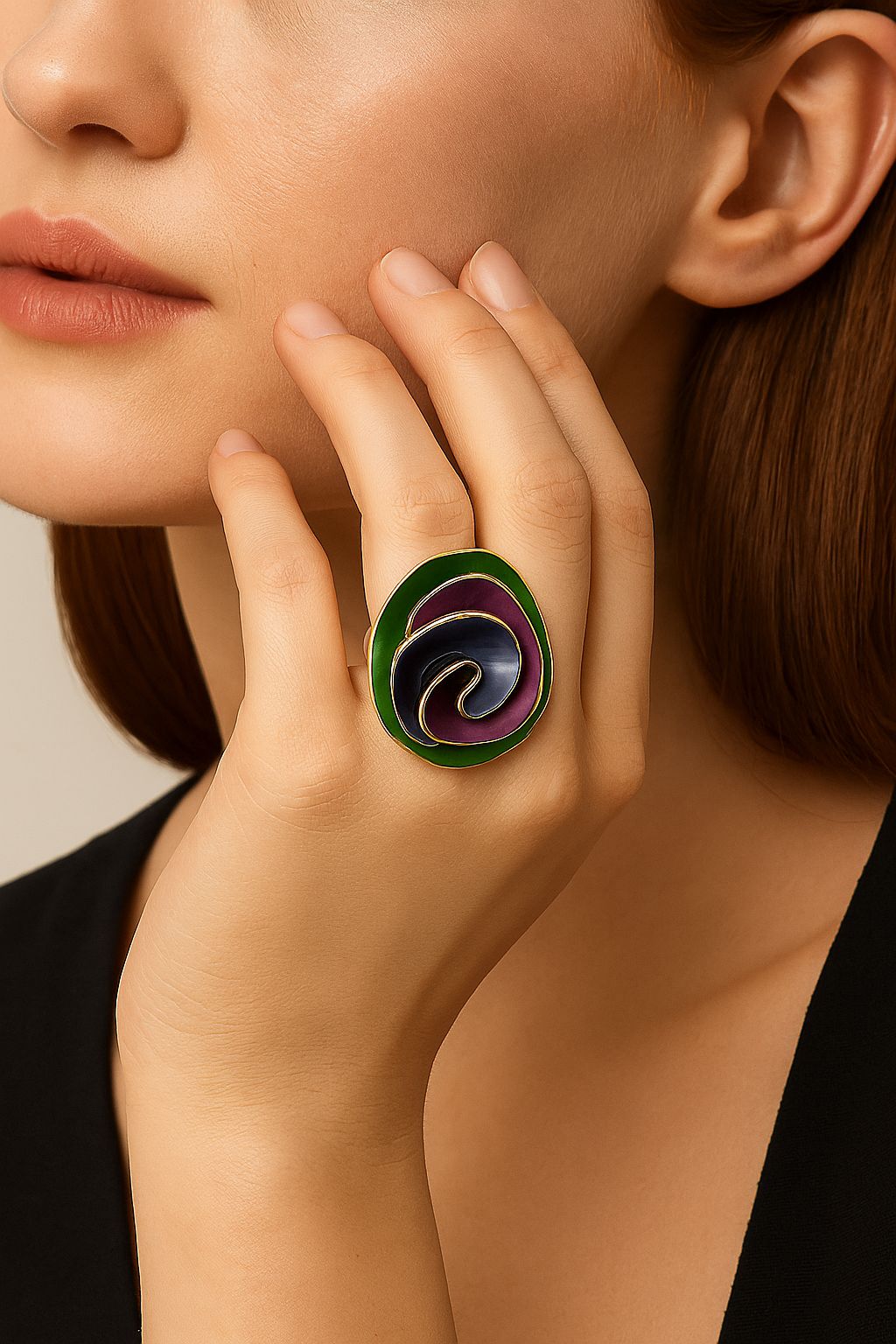 Multicolor enamel statement ring with KC gold plating worn on finger