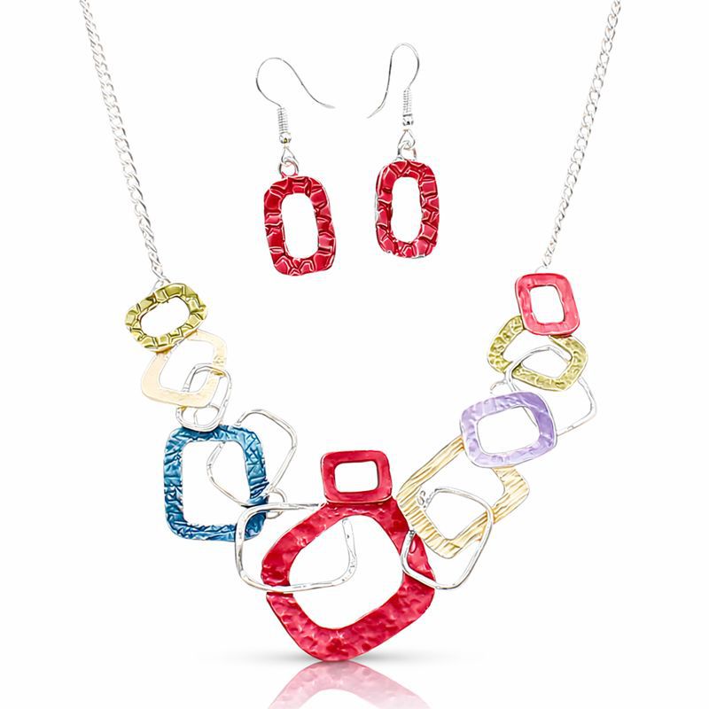 Multicolor geometric enamel necklace and earrings set in KC gold plated alloy