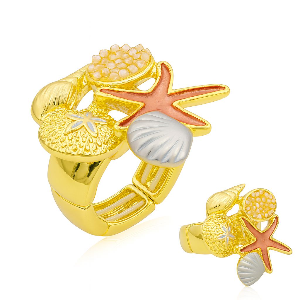 Ocean starfish and seashell gold plated statement ring for women