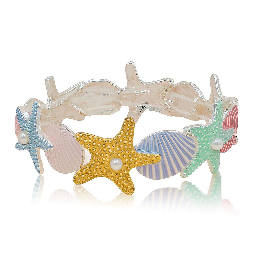 Starfish and seashell pastel enamel bangle bracelet for women