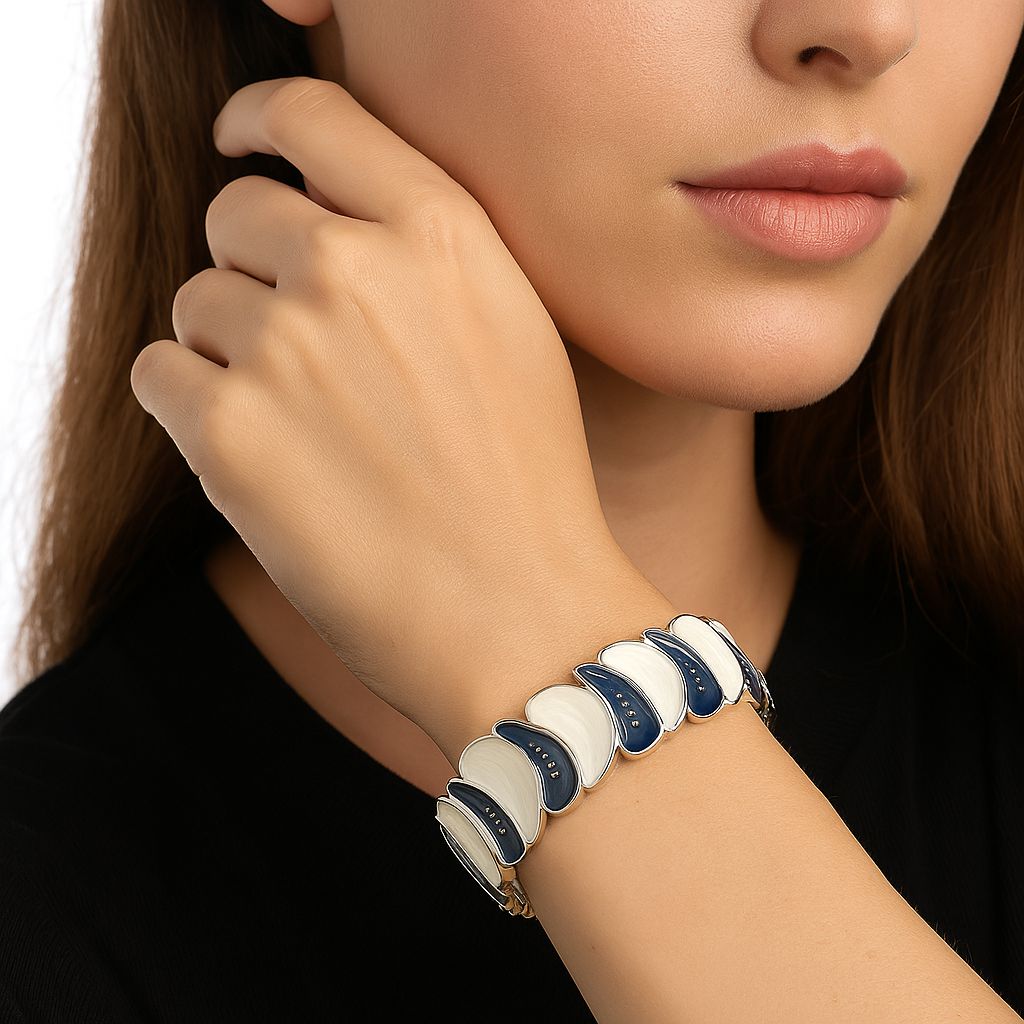 woman wearing blue and ivory hand-painted enamel bracelet KC gold plated
