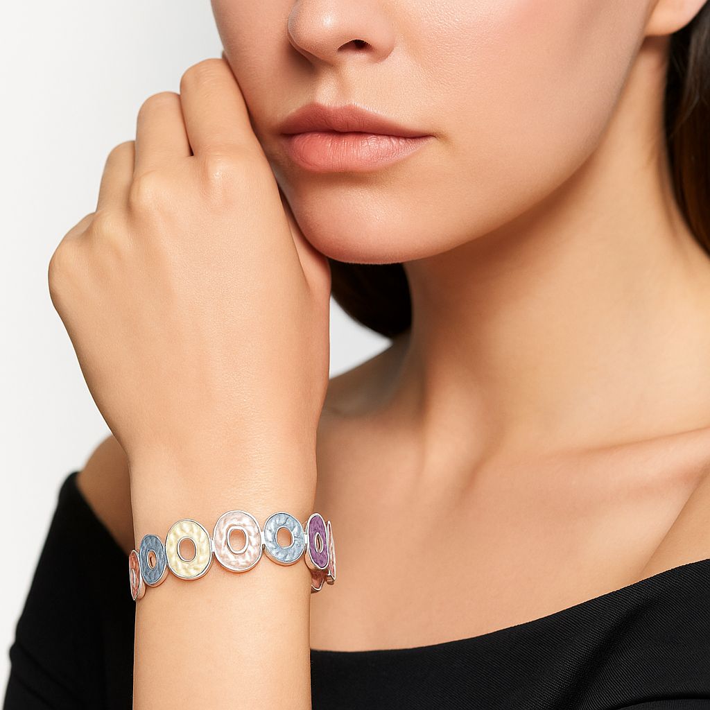 Modern geometric enamel bracelet worn on wrist