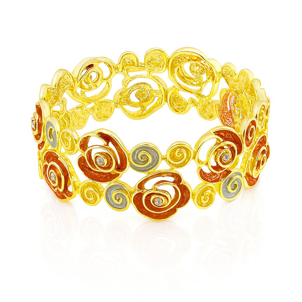 Openwork floral gold bracelet featuring sculpted rose spirals and textured enamel