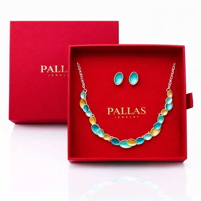 Oval enamel necklace and earrings set presented in gift box