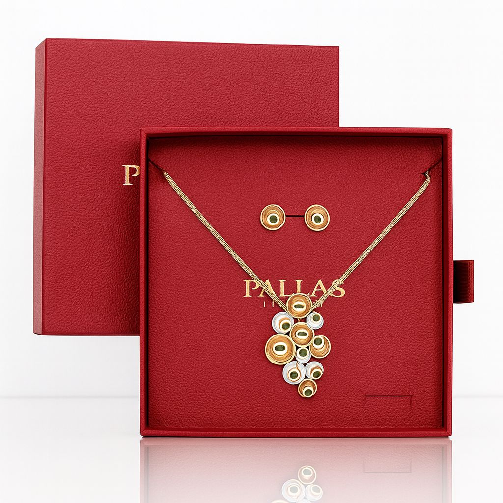 Model wearing handcrafted gold alloy necklace and earrings