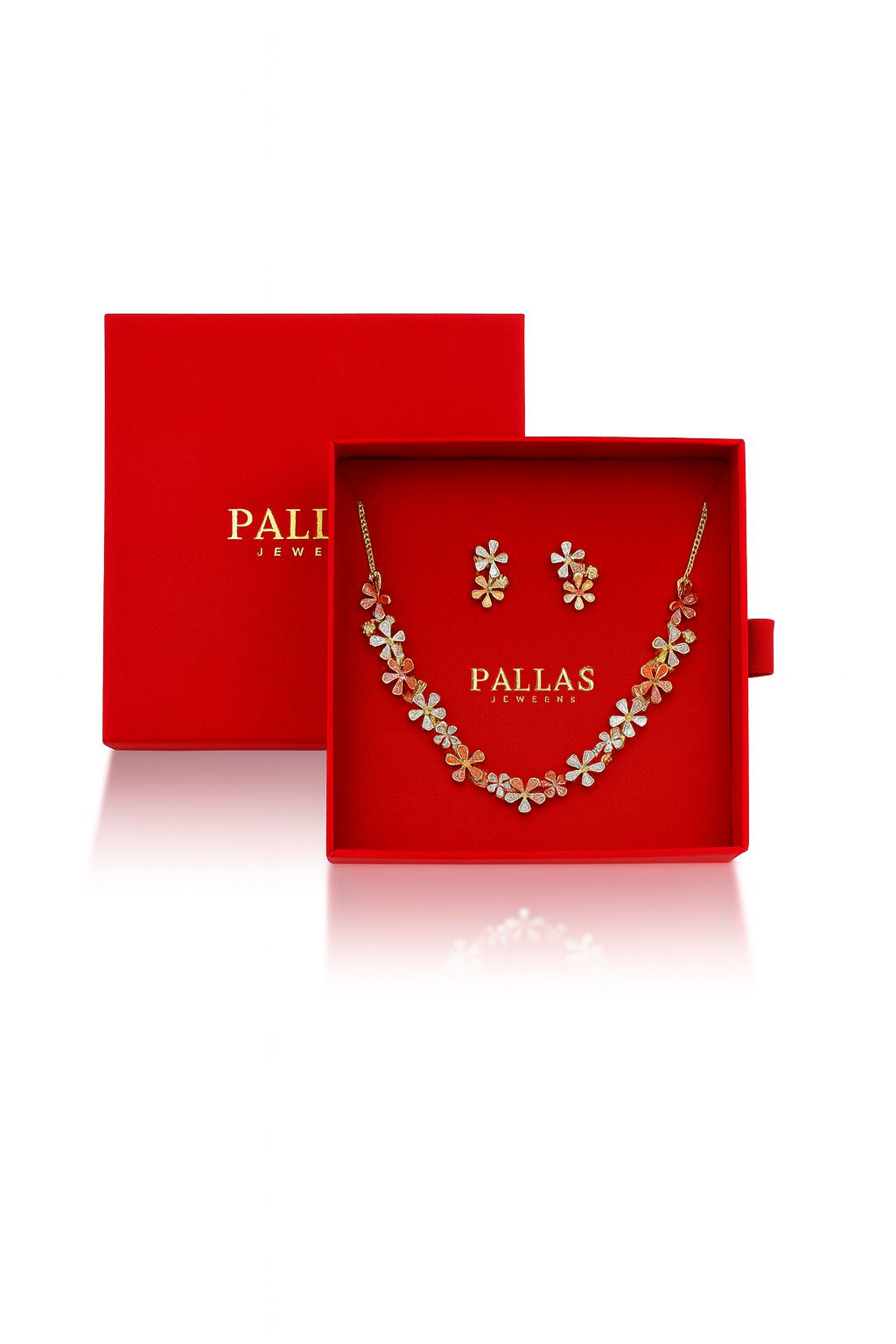 Floral enamel necklace and earrings set in red PALLAS jewelry gift box