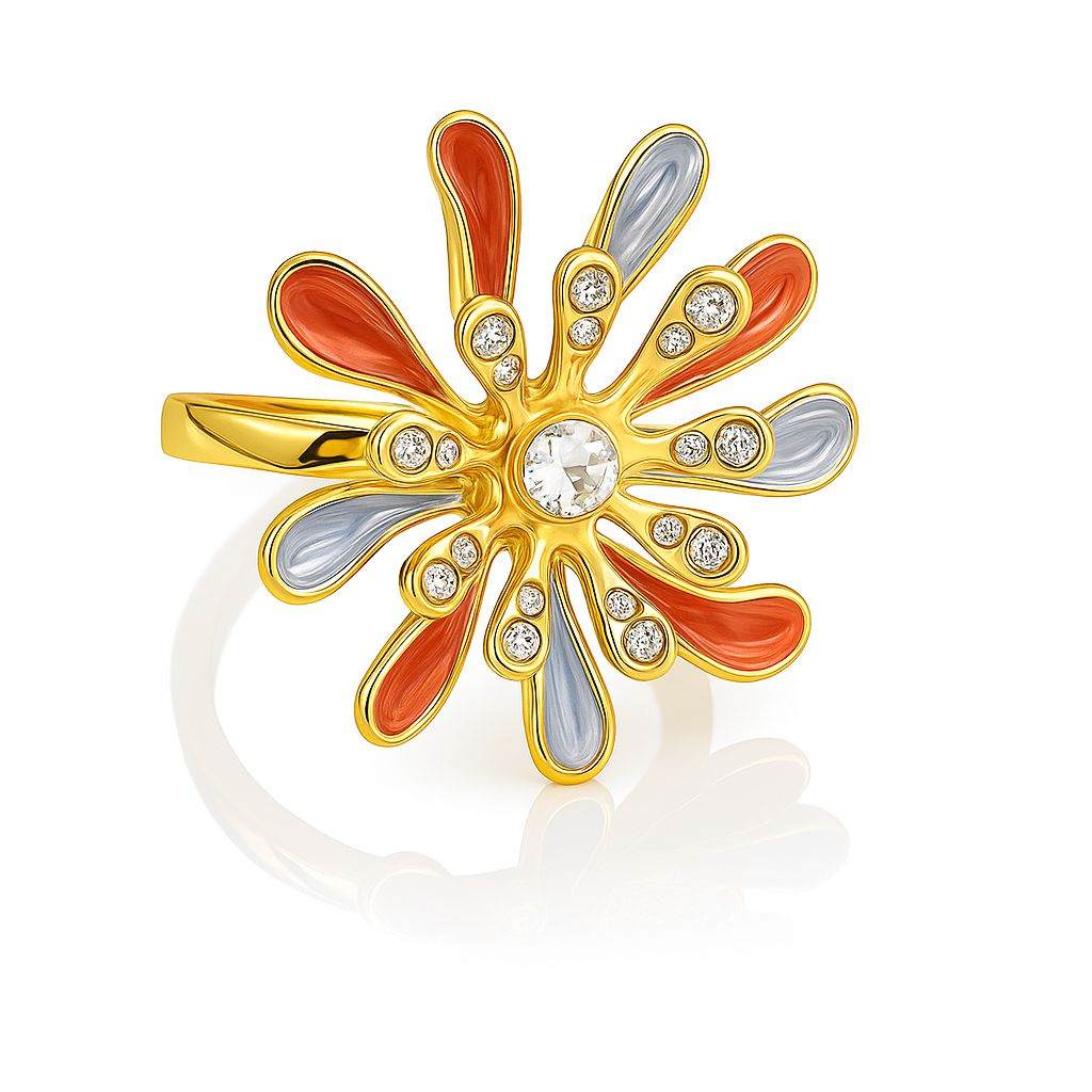 Adjustable gold Flower Enamel Ring with red and silver petals and crystal accents by Pallas Jewelry