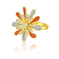 Adjustable gold flower enamel ring with red and silver petals and crystal accents by Pallas Jewelry