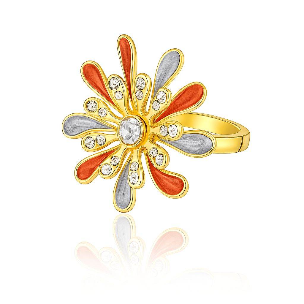 Adjustable flower enamel ring with orange and silver petals, gold plating, and crystal accents by Pallas Jewelry