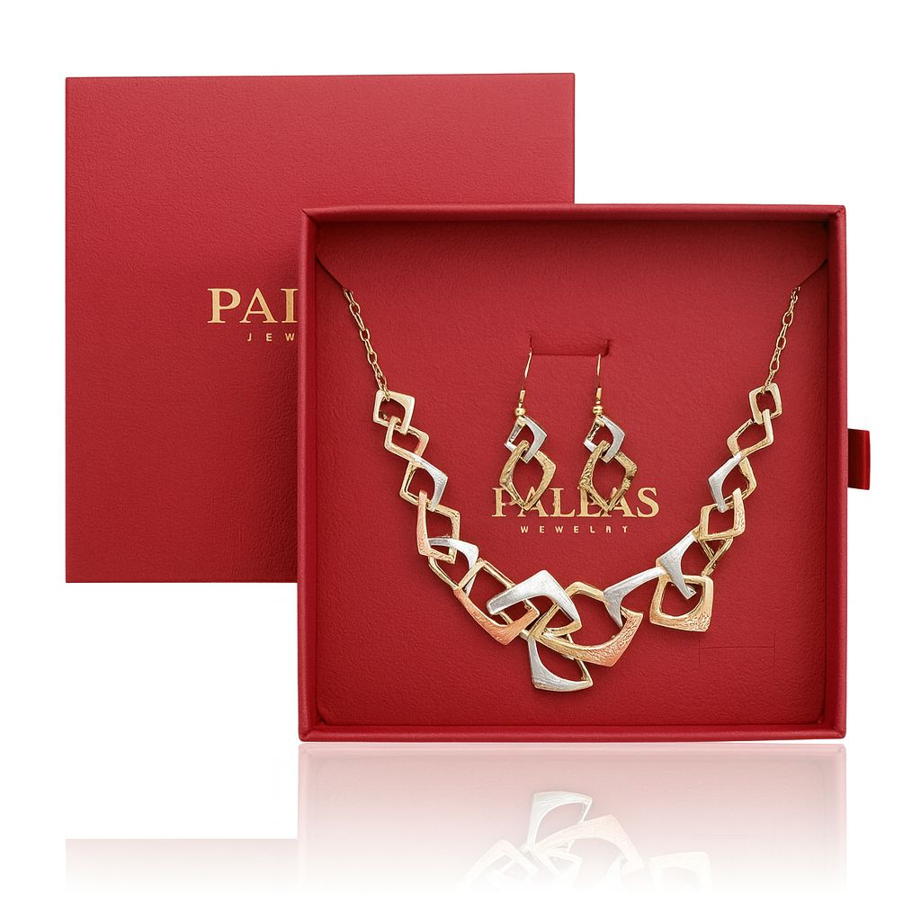 Geometric necklace and earrings set on white background