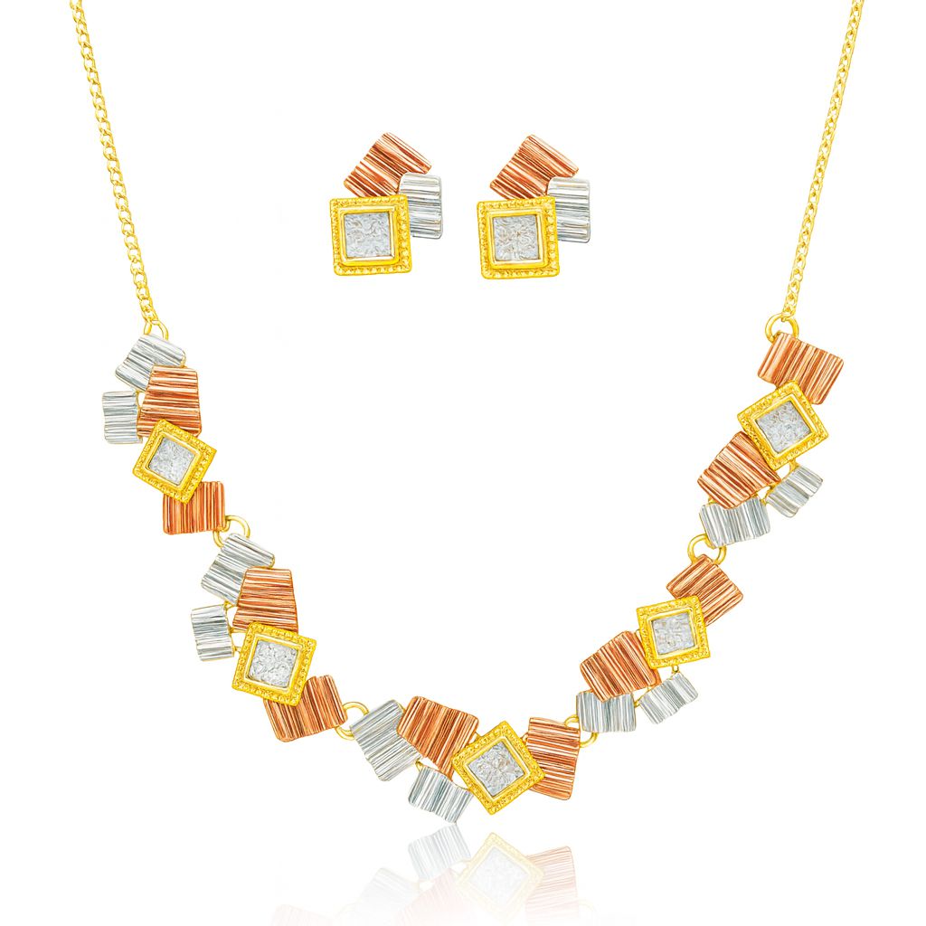 Tri-color geometric square necklace and earrings jewelry set