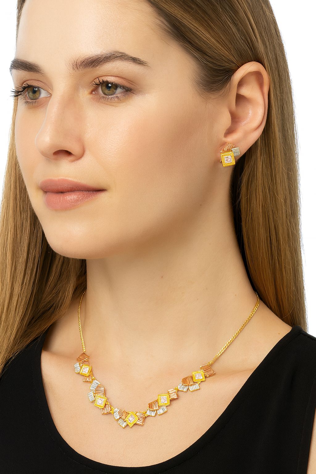 Model wearing tri-color geometric square necklace