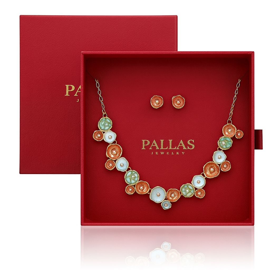 Luxury red gift box packaging for circle jewelry set by Pallas Jewelry