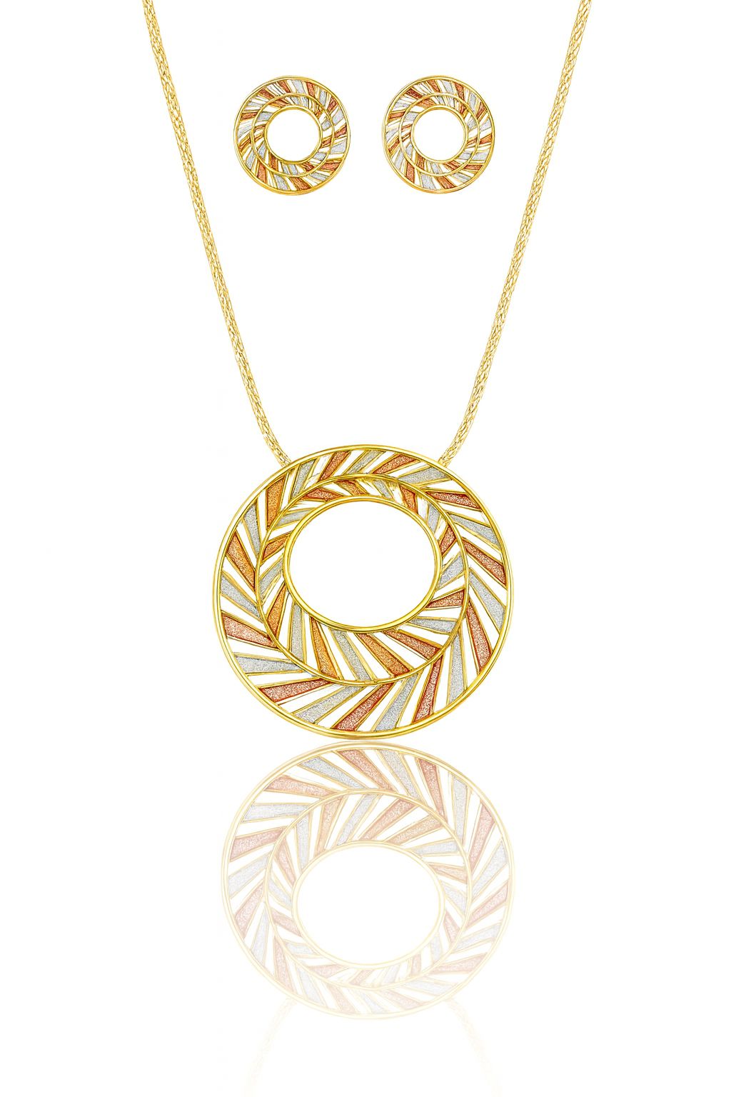 Gold Circle Pendant Necklace and Earrings Set – Hand-Painted Enamel, KC Gold Plated Alloy Jewelry, Textured Round Statement Gift Set