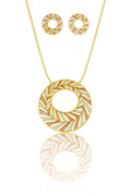 Gold Circle Pendant Necklace and Earrings Set – Hand-Painted Enamel, KC Gold Plated Alloy Jewelry, Textured Round Statement Gift Set