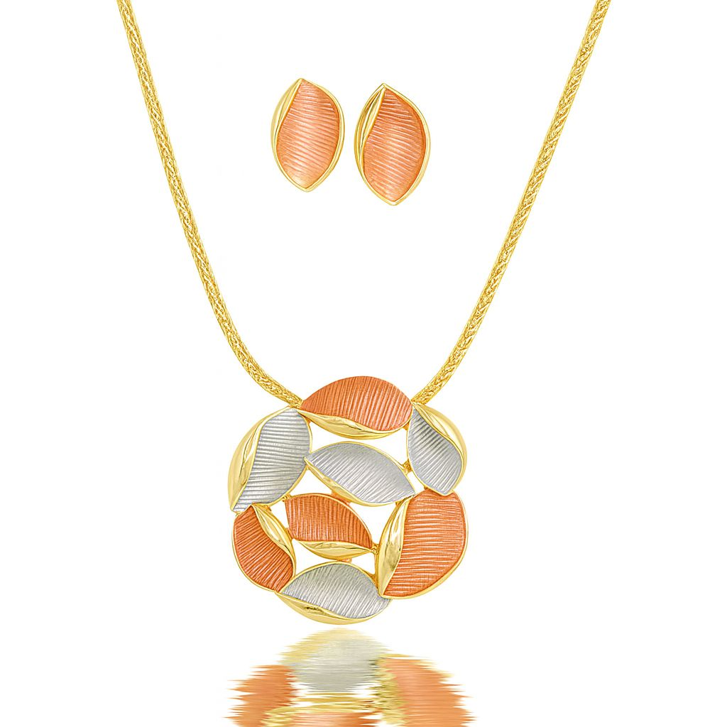 Tri-tone textured oval necklace and earrings set with KC gold plating