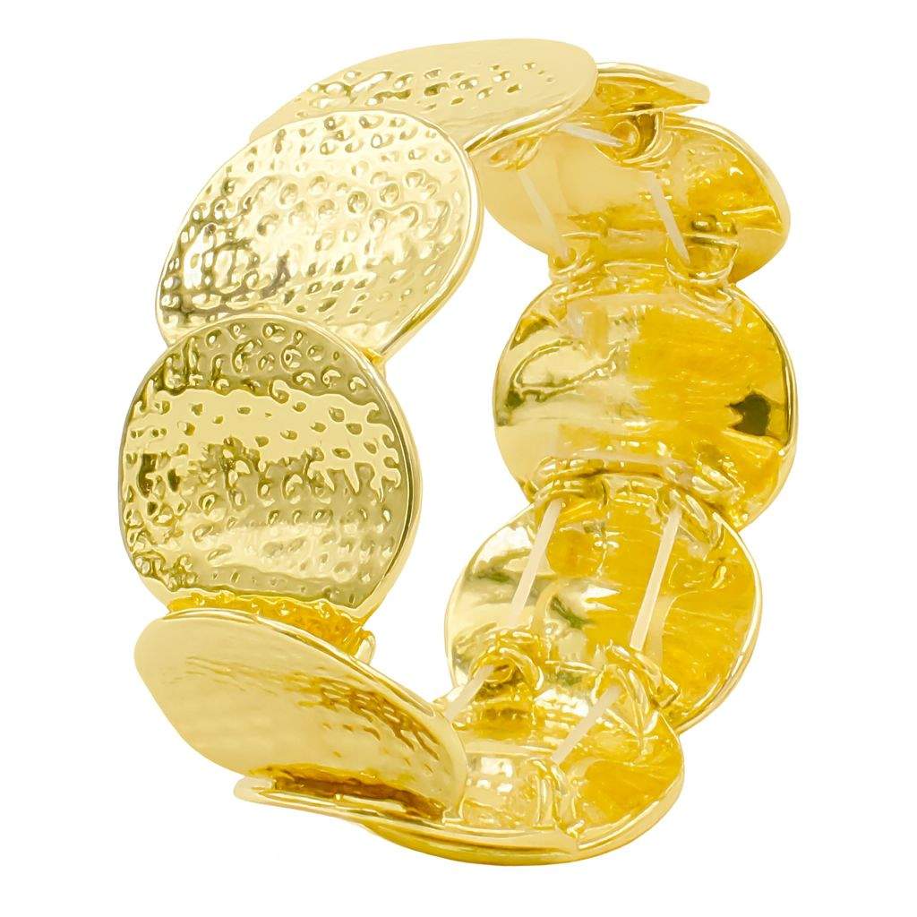 Modern hammered disc KC gold plated bracelet with stretch-fit design by Pallas Jewellery