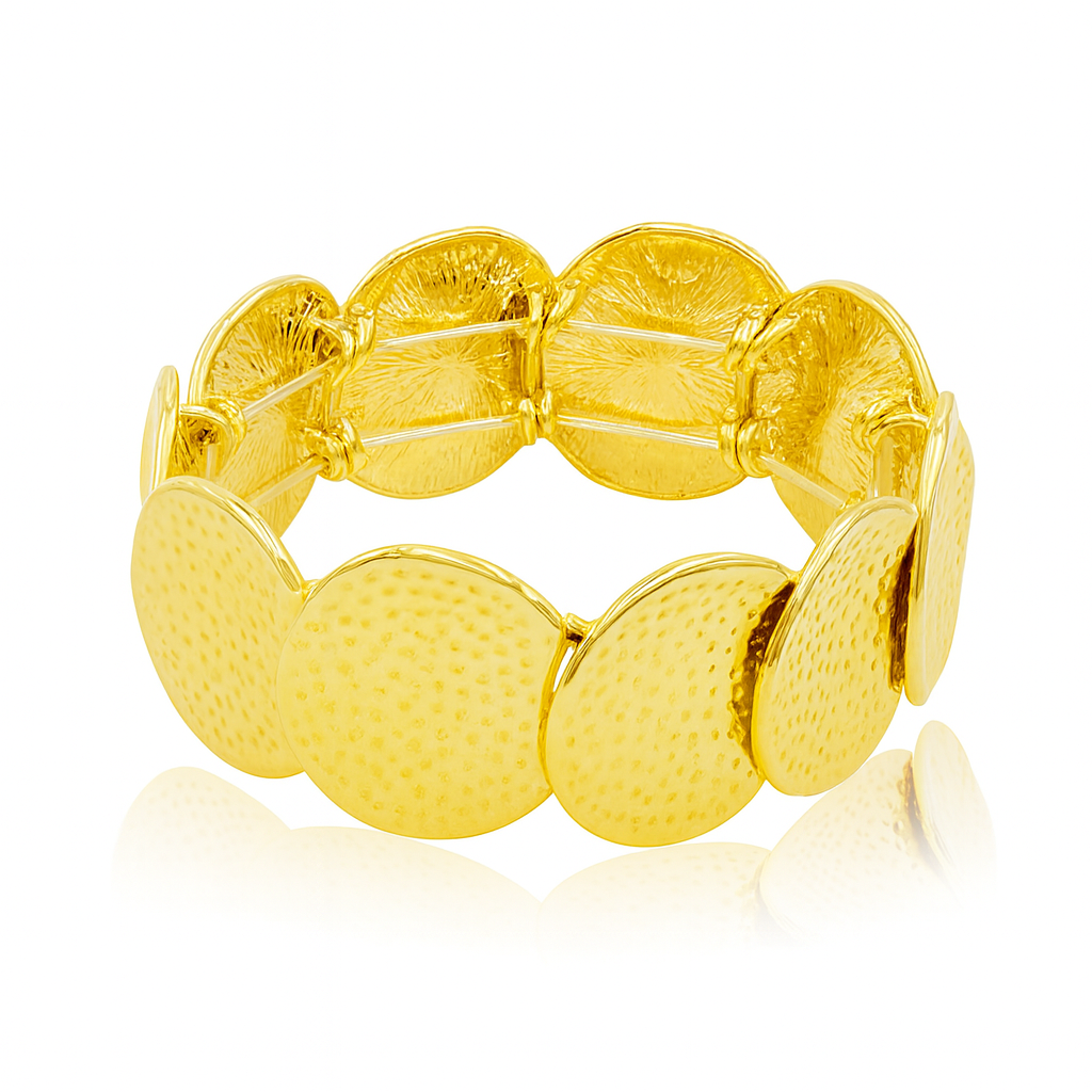 Hammered disc KC gold plated bracelet with modern textured design by Pallas Jewellery