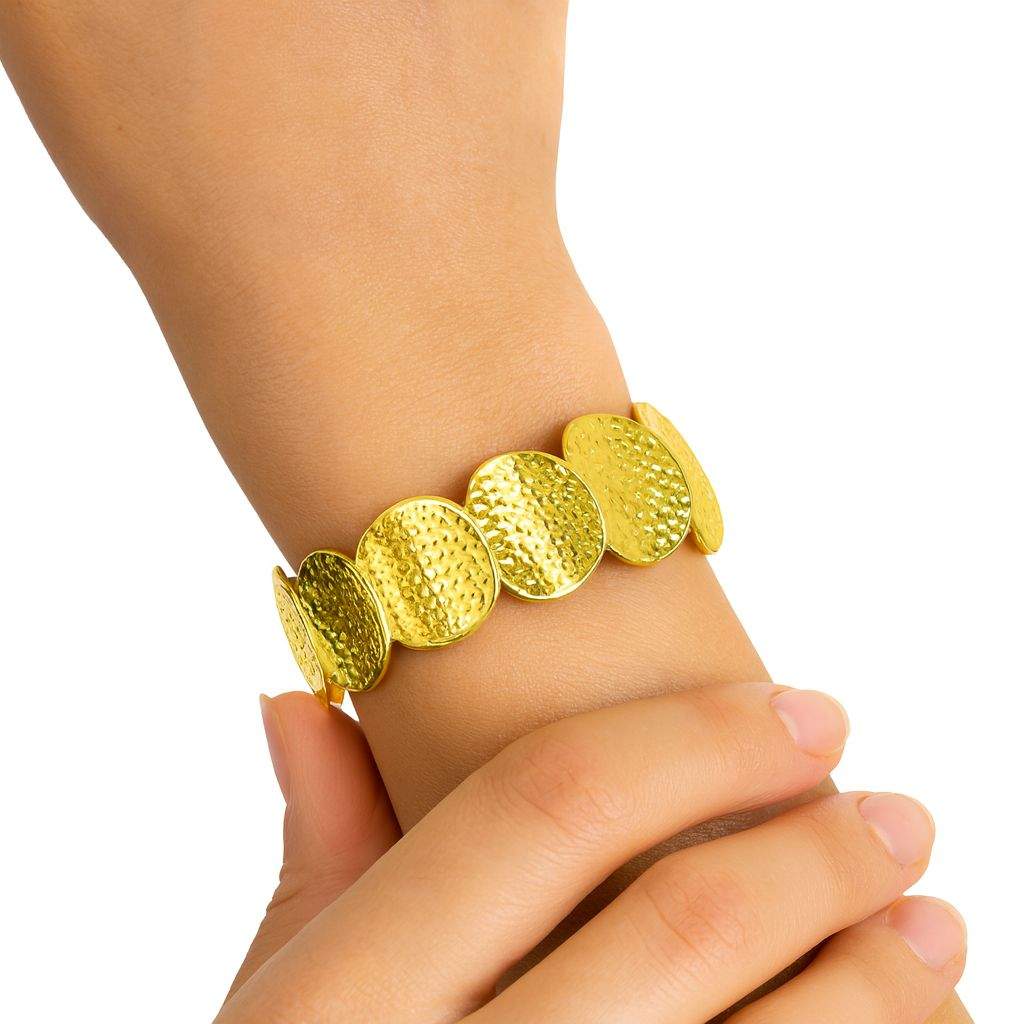 Hammered disc KC gold plated bracelet with textured discs on wrist by Pallas Jewellery