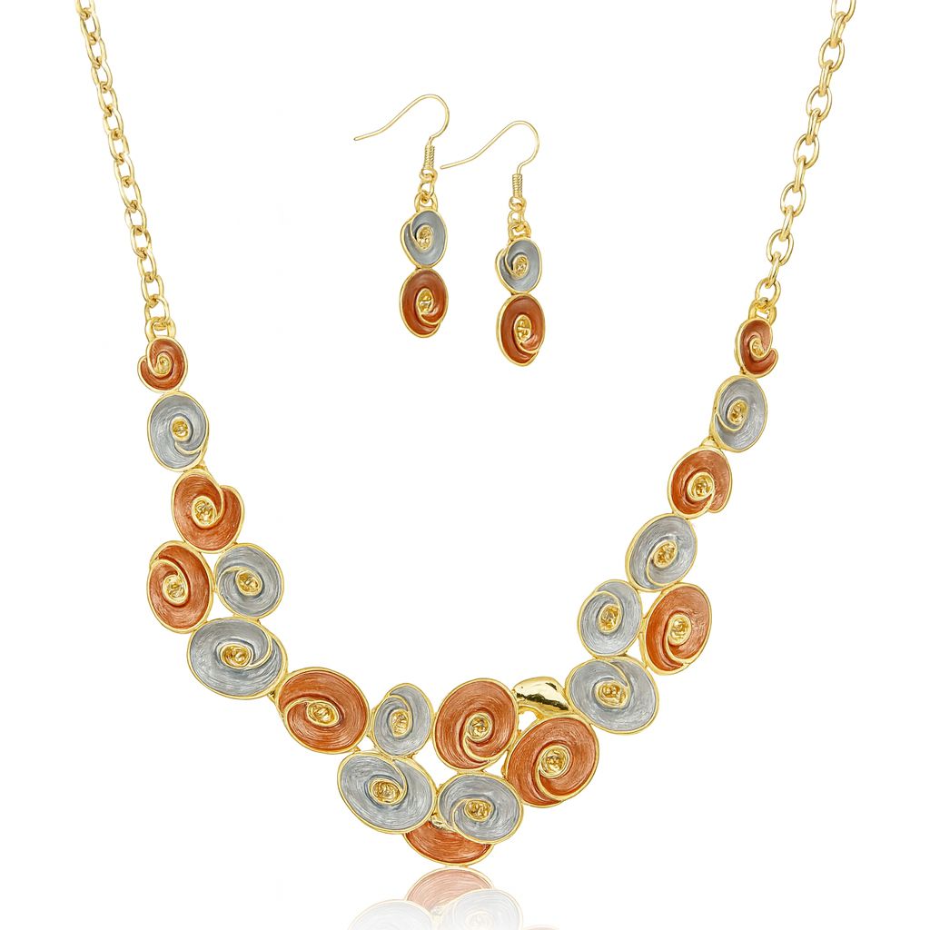 Hand-painted KC gold necklace and earrings jewelry set on white background