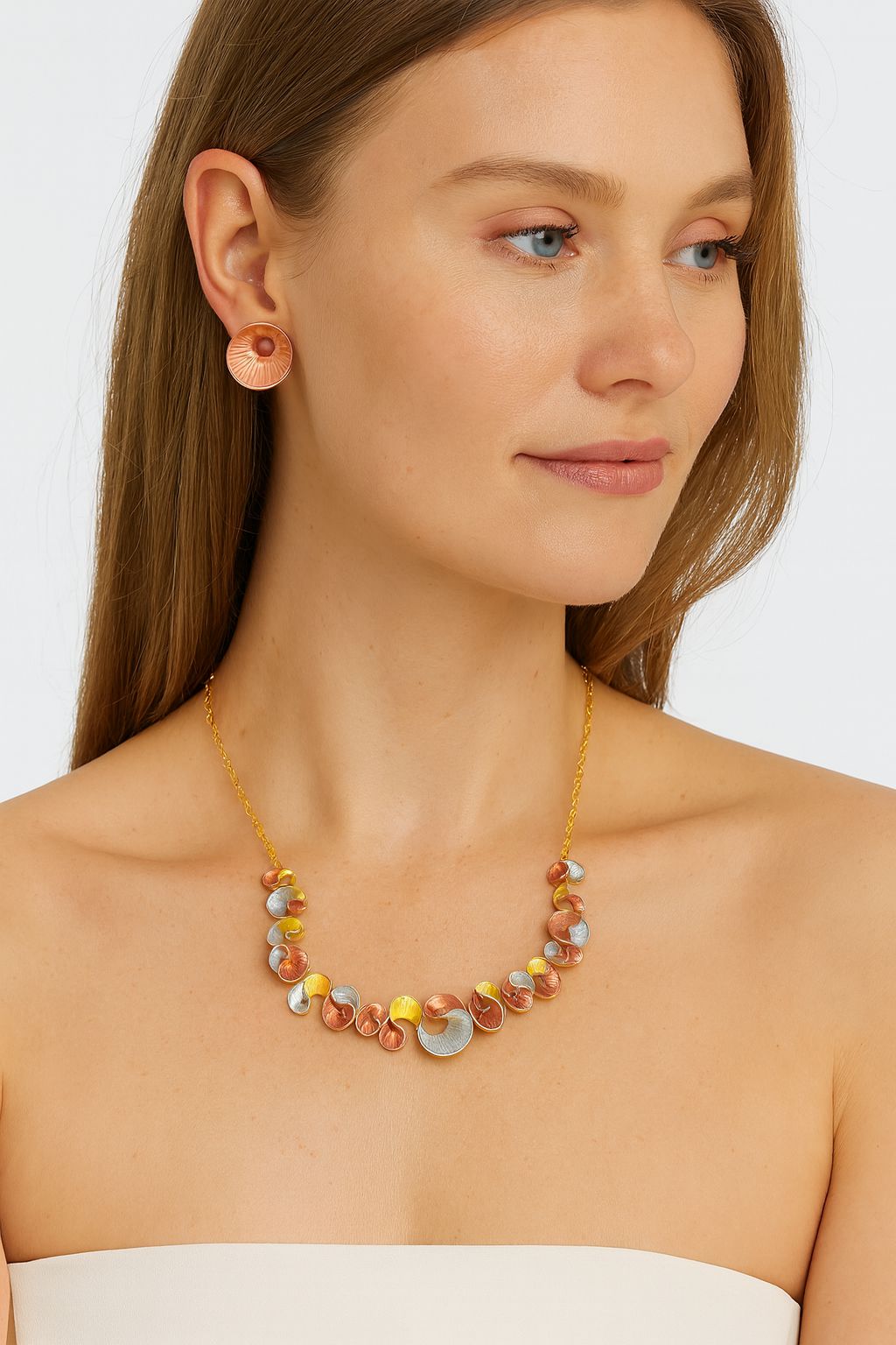 Model wearing hand-painted alloy jewelry set in multicolor tones