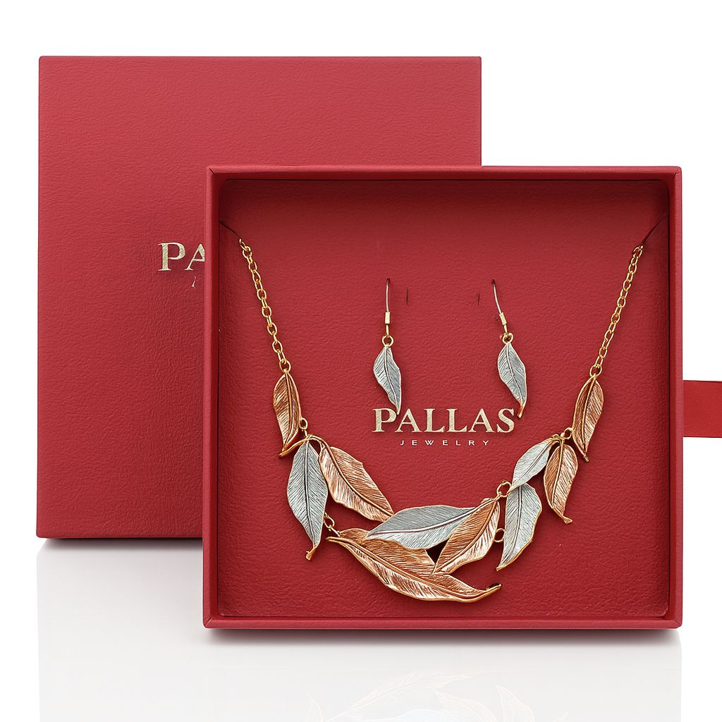 Pallas Jewelry gift box featuring feather-inspired necklace set
