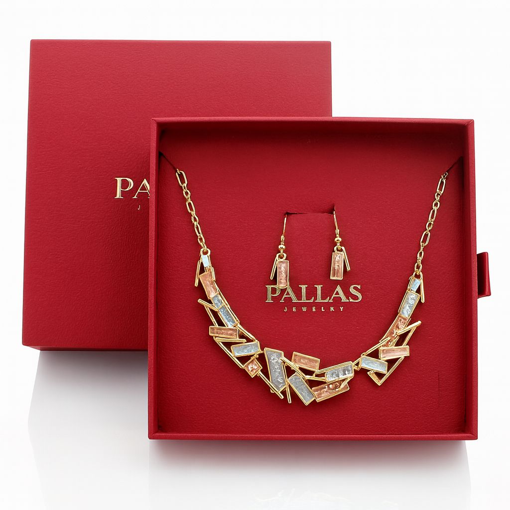 Pallas Jewelry geometric necklace and earring gift set in red luxury box