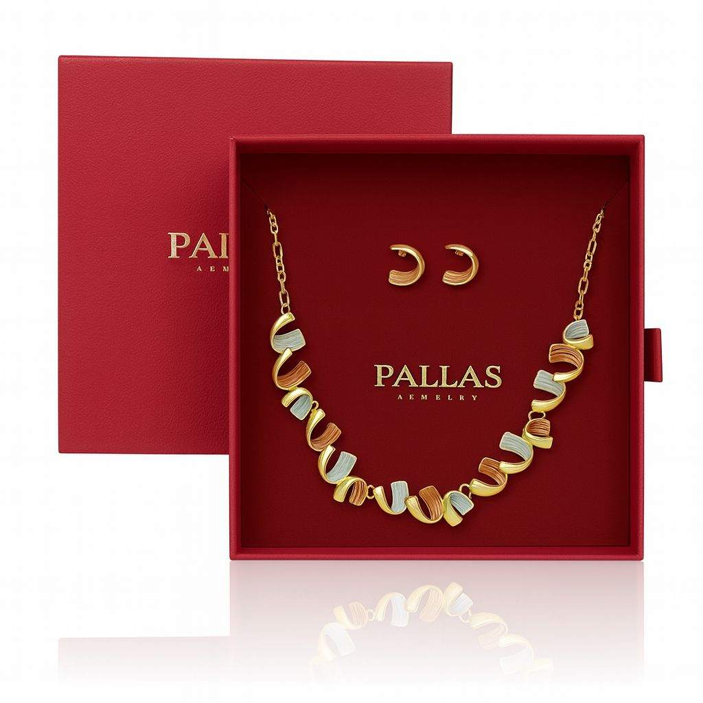 Tricolor gold necklace set for women with matching earrings in modern wave design in red jewelry box