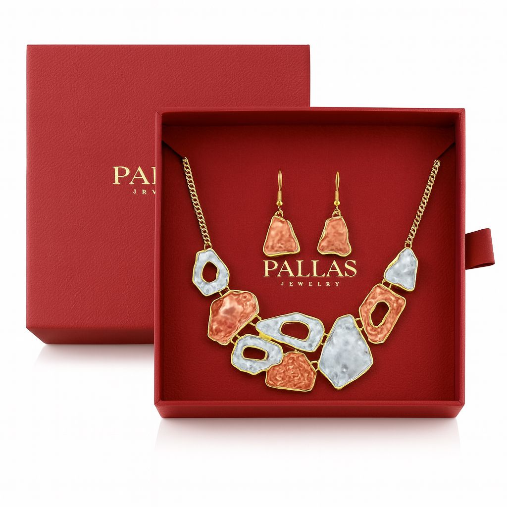 PALLAS Jewelry hammered metal necklace and earring set in luxury red gift box