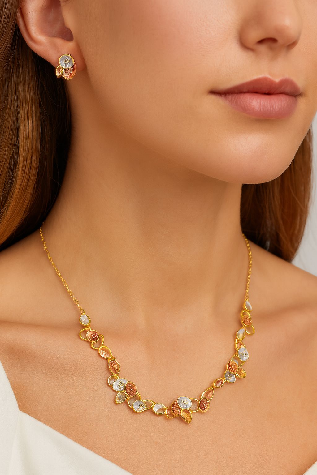 Close-up of hand-painted necklace with floral-inspired design