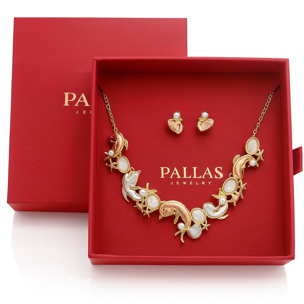 Ocean dolphin and seashell necklace and earrings set in Pallas Jewelry gift box