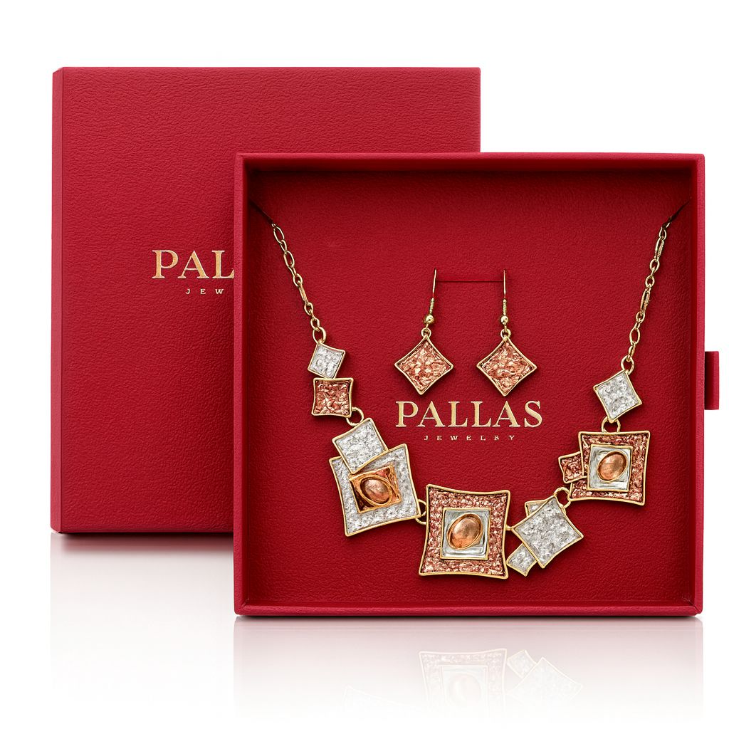 Pallas Jewelry gift box featuring artistic square necklace set