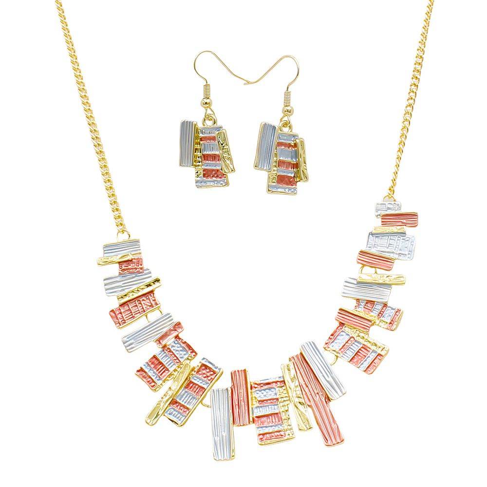 Luxury enamel gold necklace and earring set with geometric design in gold, coral, and silver tones
