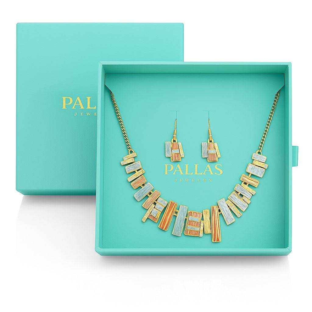 Luxury enamel gold necklace and earrings set with geometric design in turquoise gift box by PALLAS Jewelry