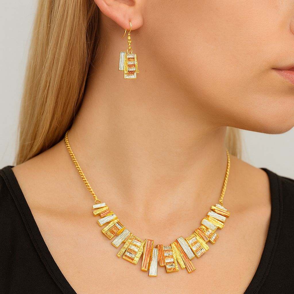 Luxury Enamel Gold Necklace with geometric enamel and gold plating worn by woman