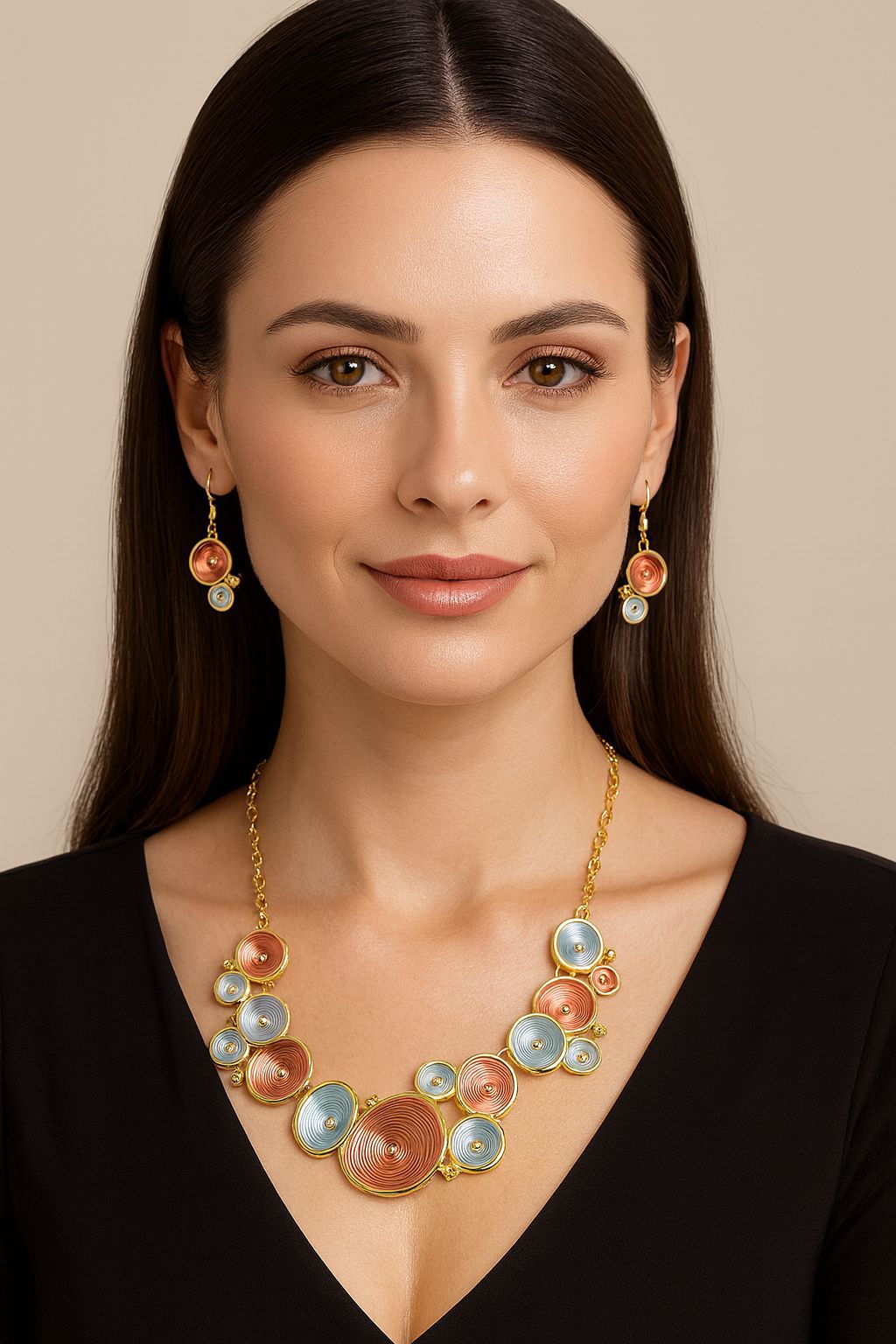 Artistic swirl pendant necklace with matching drop earrings