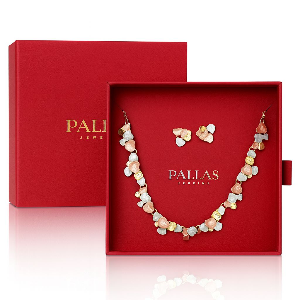 Luxury gift box displaying handcrafted Pallas necklace and earrings