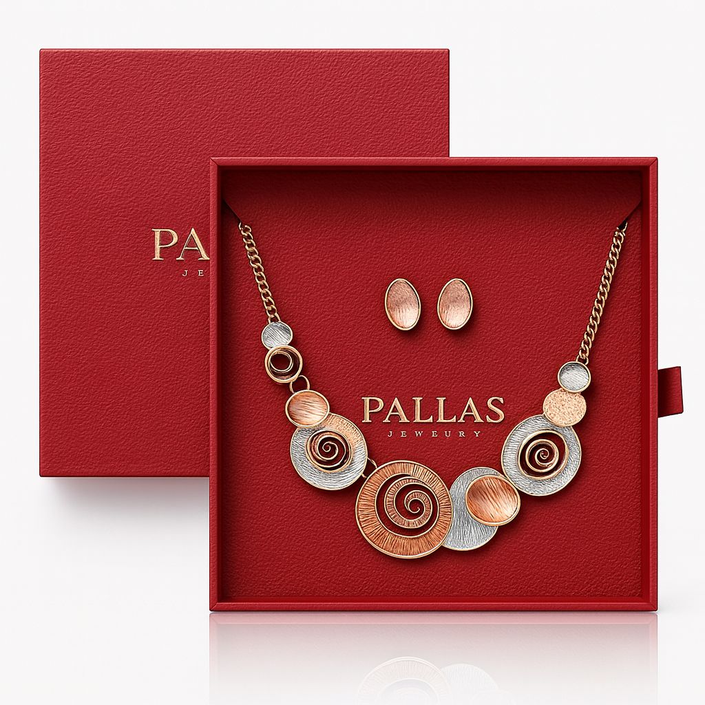 Pallas Jewelry spiral necklace and earrings set in red luxury gift box