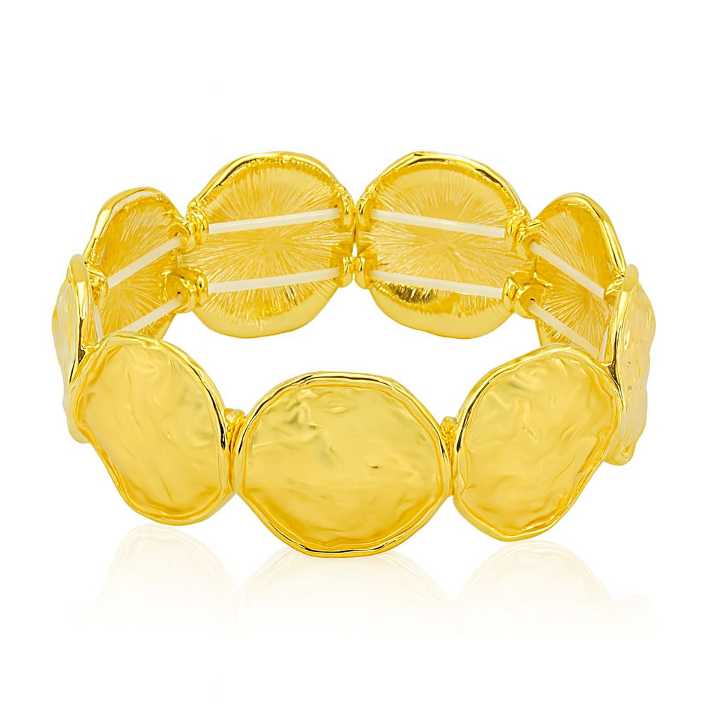 Irregular mirror disc gold plated bracelet with a sculptural, fluid design and stretch band for modern style.