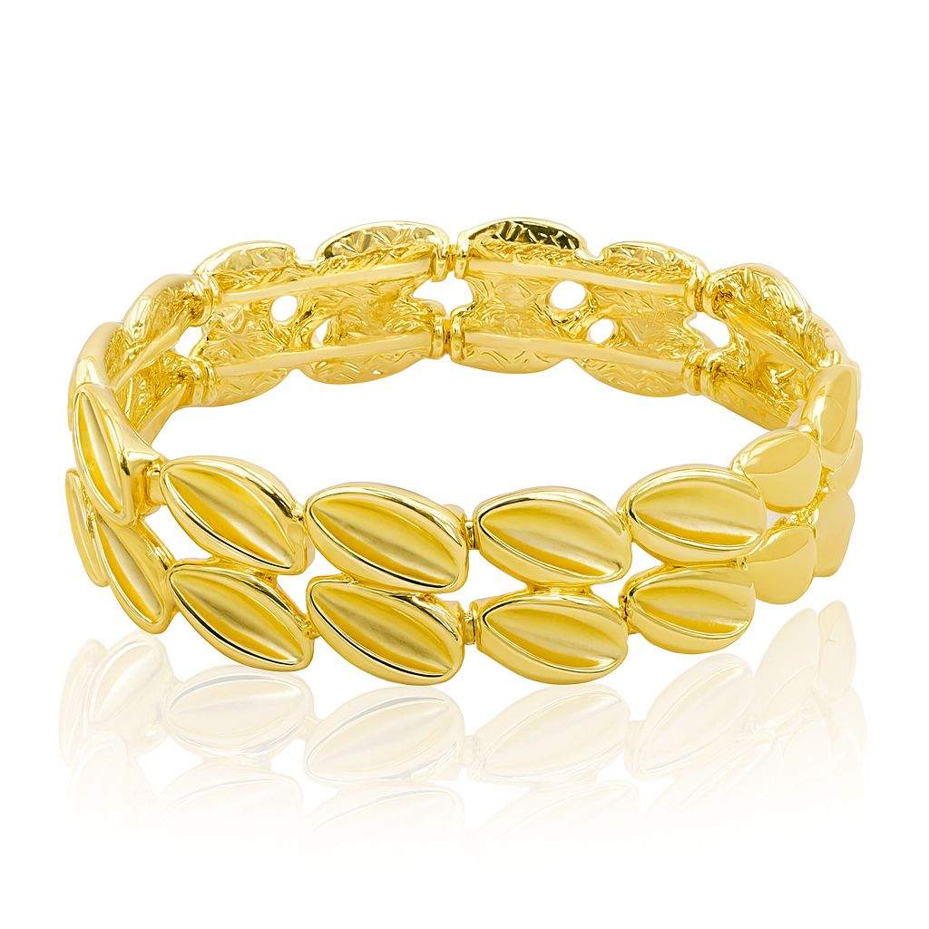 Leaf-inspired oval KC gold plated bracelet with smooth polished surface and stretch-fit design by Pallas Jewellery