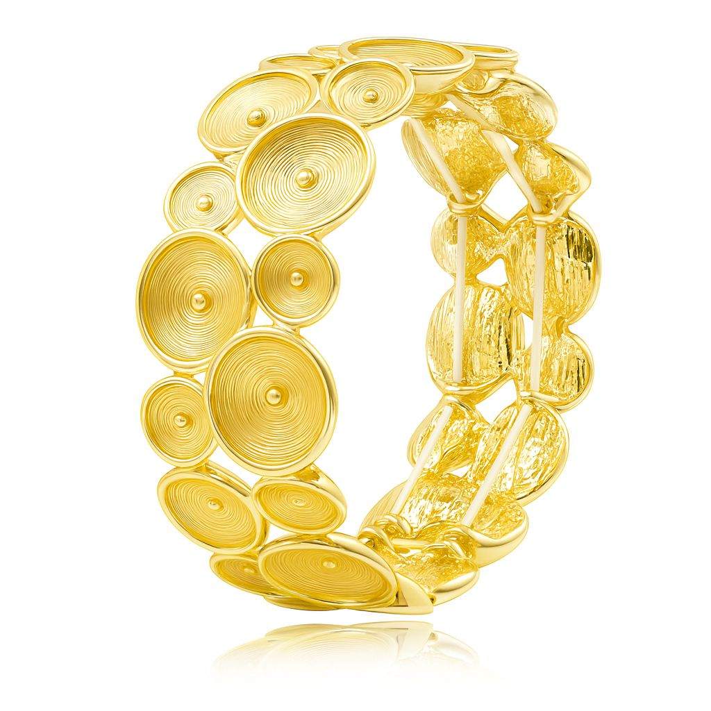 Spiral Layer KC gold plated bracelet with multi-size ripple discs and high-shine finish from Pallas Jewellery