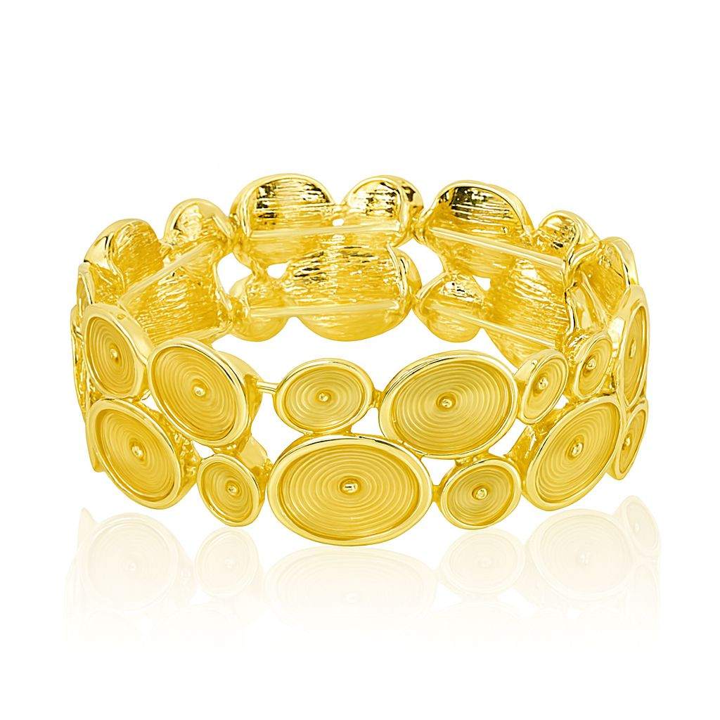 Spiral Layer KC gold plated bracelet with multi-size spiral discs and high-shine ripple texture from Pallas Jewellery