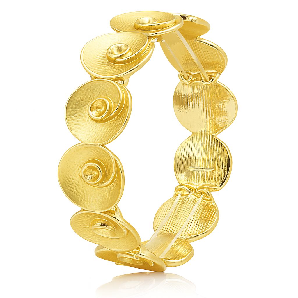 Spiral Swirl KC gold plated bracelet with artistic textured circular discs and flexible band design