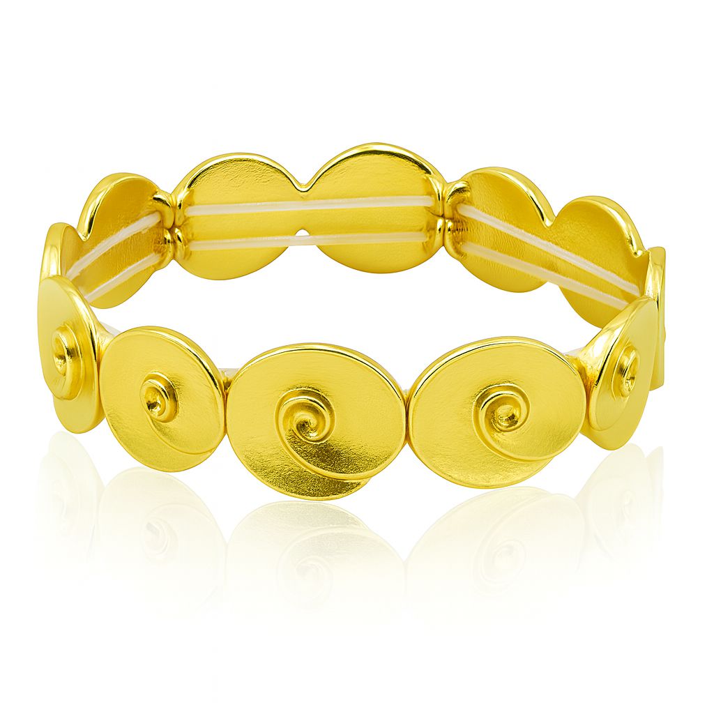 Spiral Swirl KC Gold Plated Bracelet with abstract textured circular design and flexible band by Pallas Jewellery