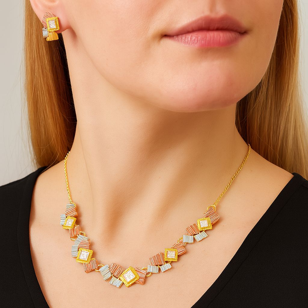 Model wearing geometric square textured earrings