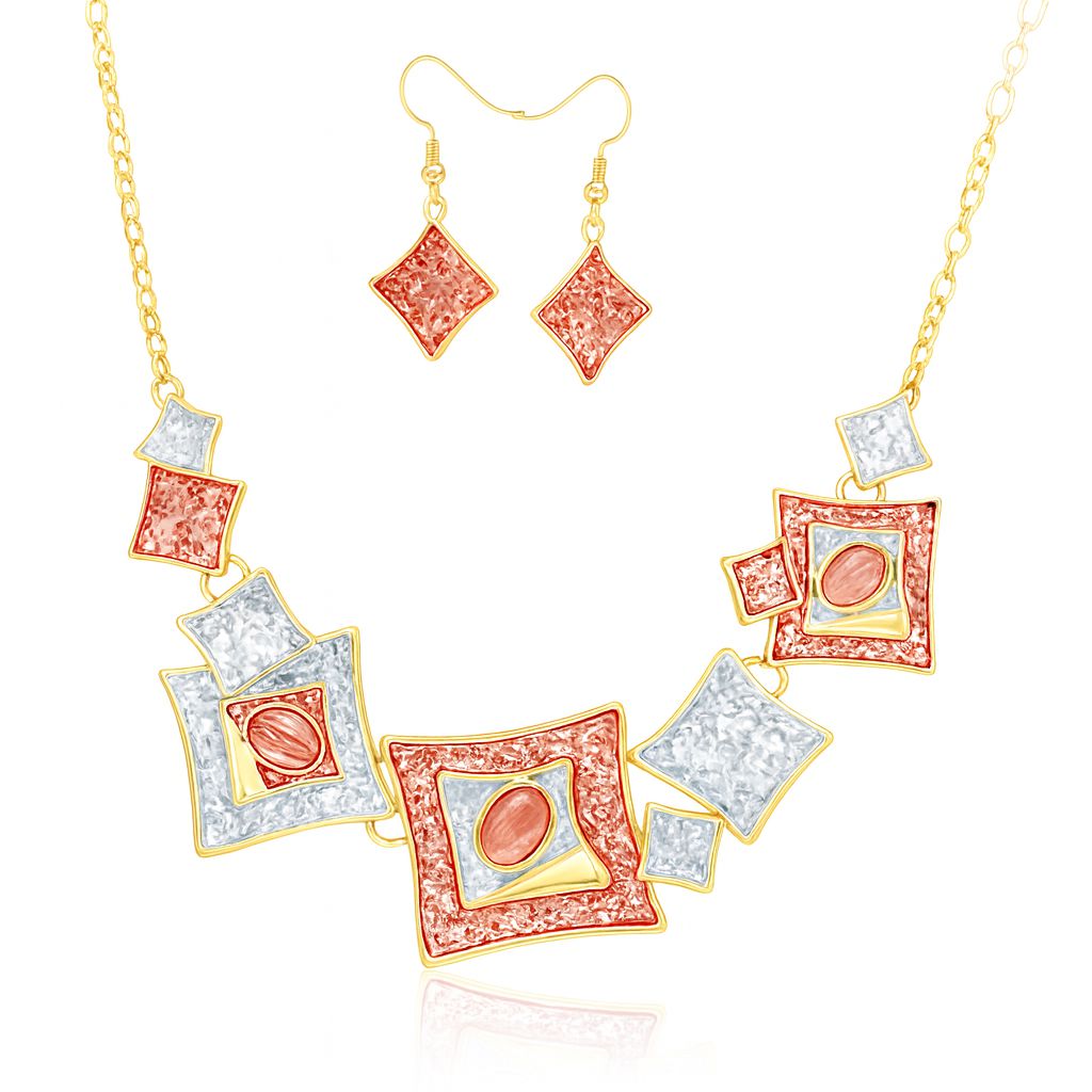 Square statement necklace and earrings set with KC gold plating by Pallas Jewelry