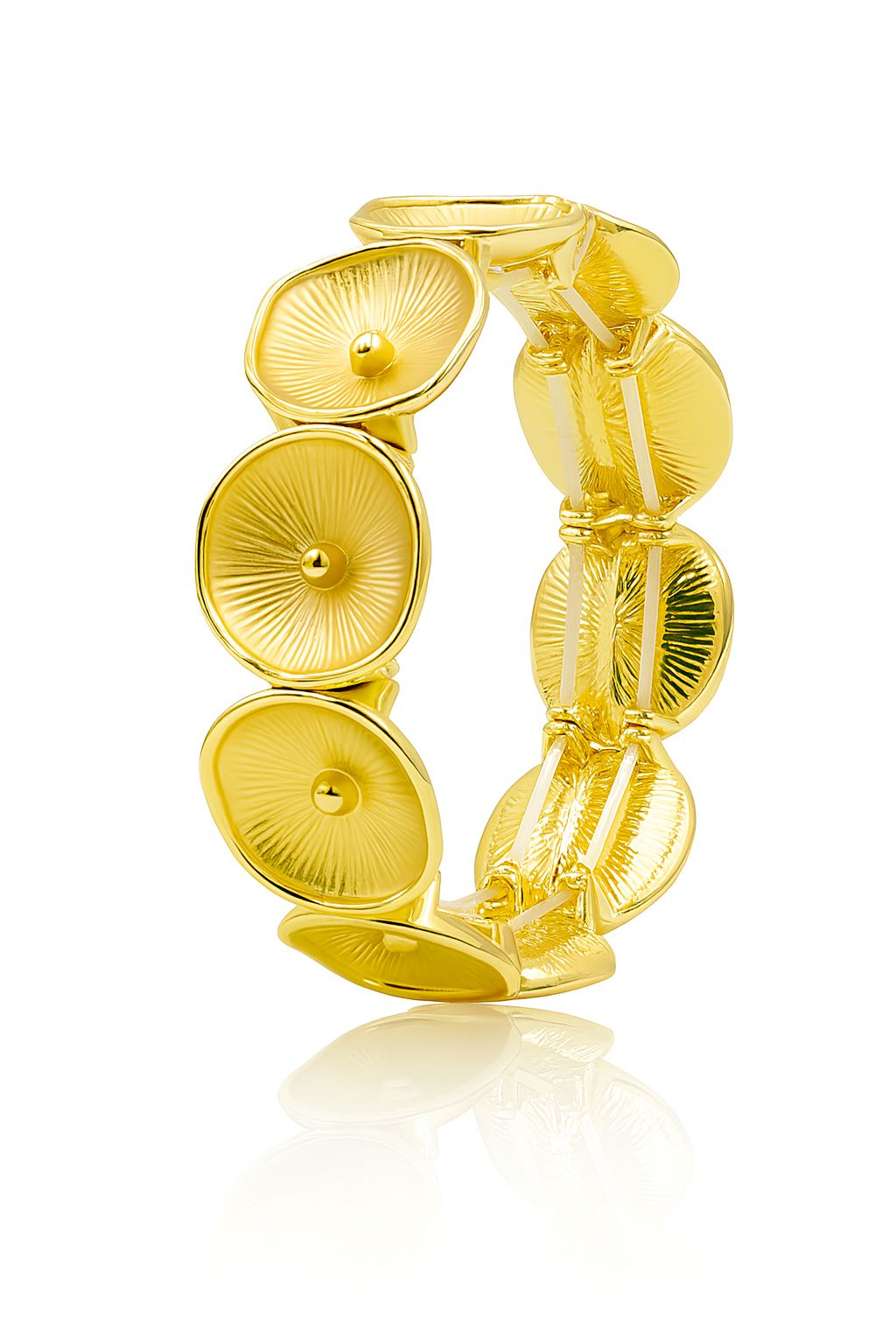Sunburst KC gold plated bracelet with radiant textured discs, elegant stretch-fit design by Pallas Jewellery